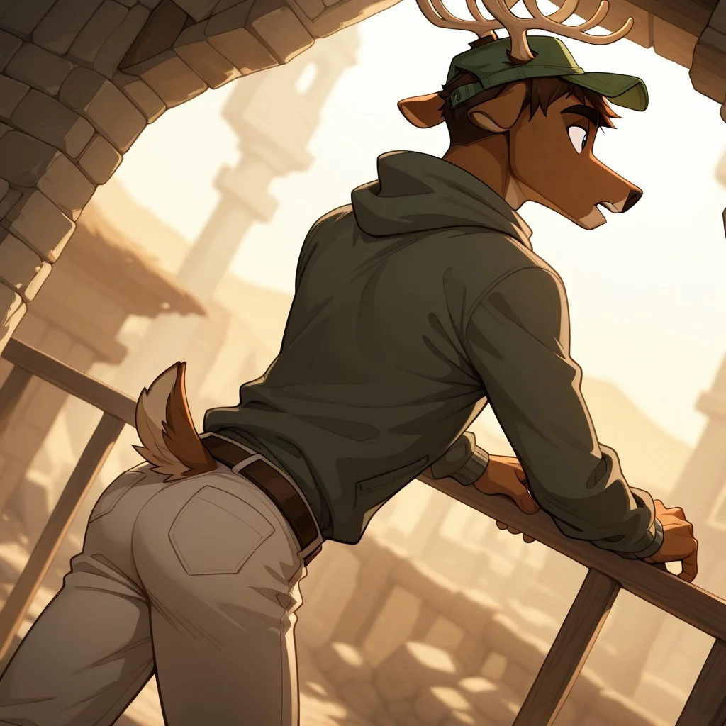 Woods,1boy,solo,hat,male focus,furry,antlers,tail,