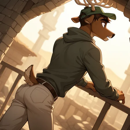 Woods,1boy,solo,hat,male focus,furry,antlers,tail,