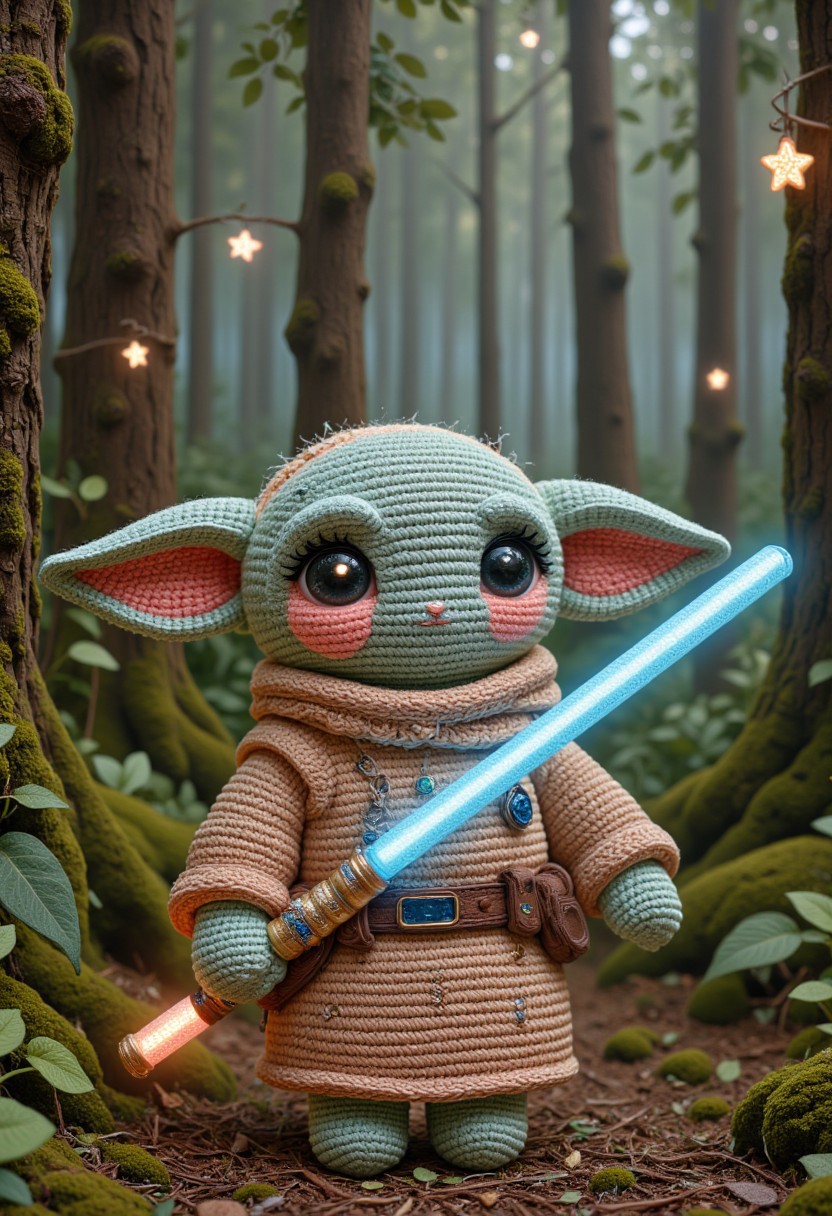 cr0ch3tcut3styl3, crocheted, Yoda from star wars holding a light saber, detailmaximizer