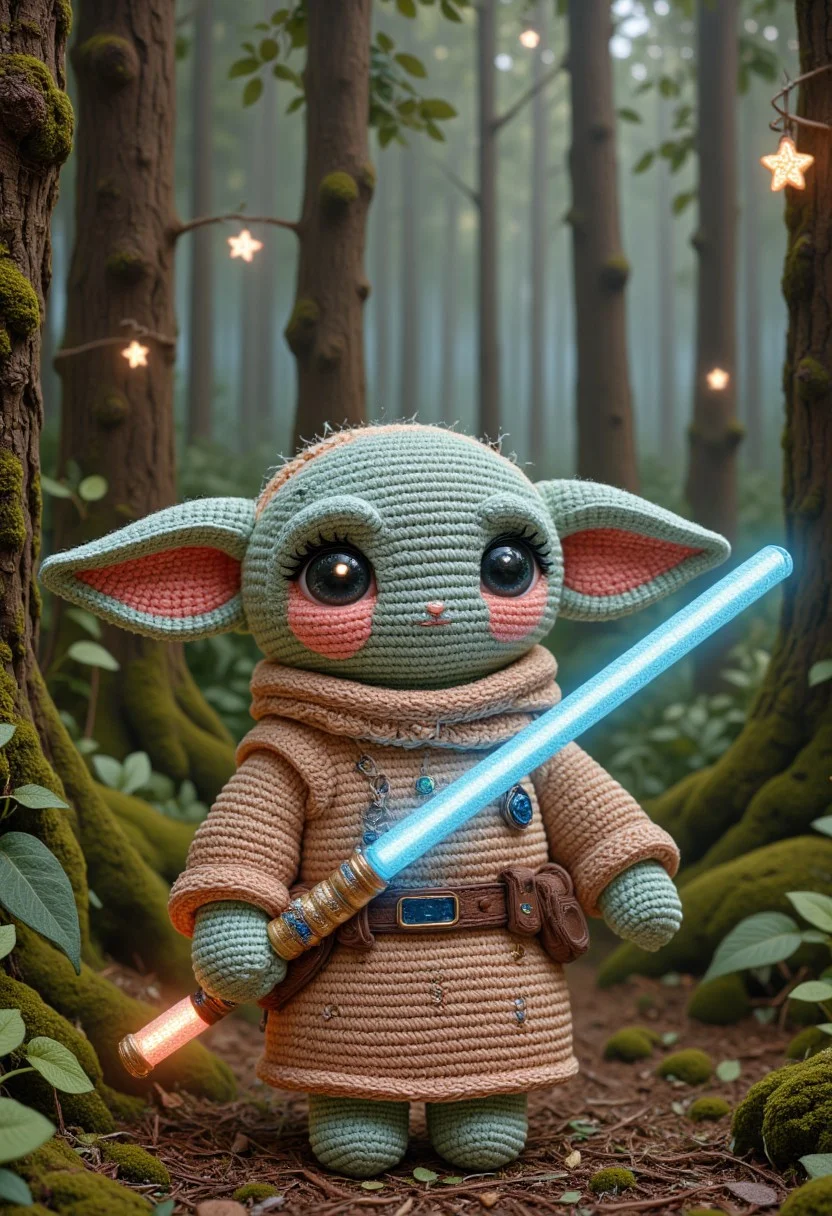 cr0ch3tcut3styl3, crocheted, Yoda from star wars holding a light saber, detailmaximizer