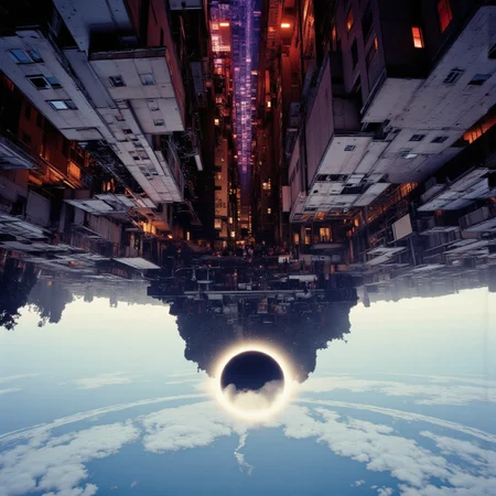 <lora:lora-DuoTone, Bleaked White_trained:1>DuoTone, Bleaked White, an inverted city suspended from the sky by nothing, its buildings hanging downward like stalactites, their windows emitting soft pulses of violet and crimson light. Pedestrians walk upside down on the ceilings, their feet never touching the ground below. In the center of the sky, an ocean flows in slow motion, reflecting an eclipse that never ends.