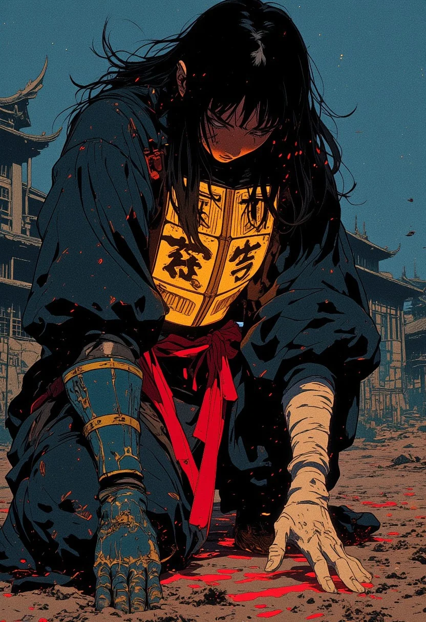 fantasy stylised illustration, anime style, cinematic, full body shot, close up, dynamic pose, perfect composition, covered in shadows shinobi in a dark clothes, feudal Japanese background, (kneeling in the dirt, mud, touching the ground with her hand), midnight, starry skies, baggy clothes moving on the wind, bright glowing gold pauldron striped through the whole body, huge glowing red waist, long fark gloves, white bandages on hands, eyes closed, looking down, expressionism, stature is agile and very graceful, woman, incredible, style of Edwin Austin Abbey, ne0nfant4sy,