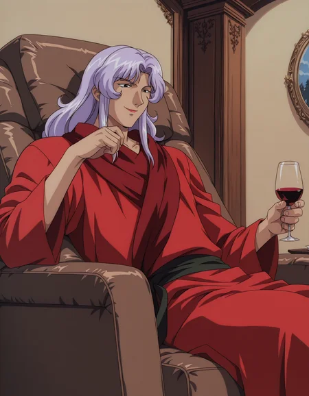 1boy, solo, <lora:aika-illustrious-v3:0.9> rudolf, red robe, recliner, reclining, holding drink, wine glass, smile, indoors
