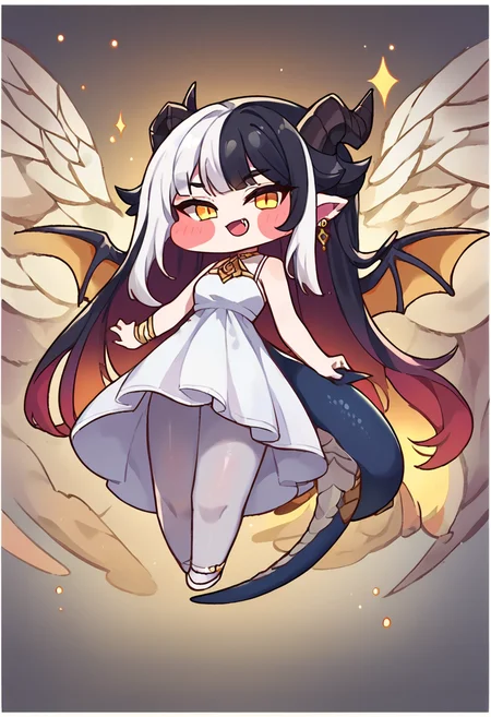 score_9,score_8_up,score_7_up,source_anime,zPDXL3,
*//*,<lora:Trickal_Revive-Pony:1>,1girl, wings, dress, long hair, horns, solo, jewelry, white dress, open mouth, chibi, white hair, earrings, yellow eyes, blush stickers, pantyhose, virtual youtuber, smile, dragon horns, black hair, looking at viewer, very long hair, blush, dragon girl, border, fang, fangs, multicolored hair, dragon wings