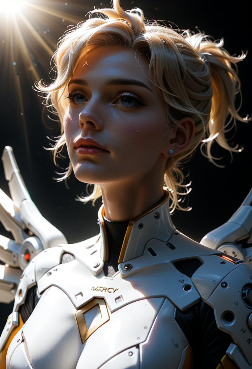 score_9, score_8_up, score_7_up, real life, analog, 1girl, (woman), (mercy), Overwatch mercy. Beautiful 25 y.o woman standing above viewer looking down. Blue eyes with, short blonde hair, subtle grin. Tall, fit, muscular and athletic. Wearing white ceramic armor, large breasts, large white mechanic wings. Golden rays of light from behind,  <lora:MJ52:0.5>,  <lora:3th3r34lXLP:0.8> 3th3r34l, <lora:light_contour_sdxl:0.8> ltctr, yellow light contour, golden light contour