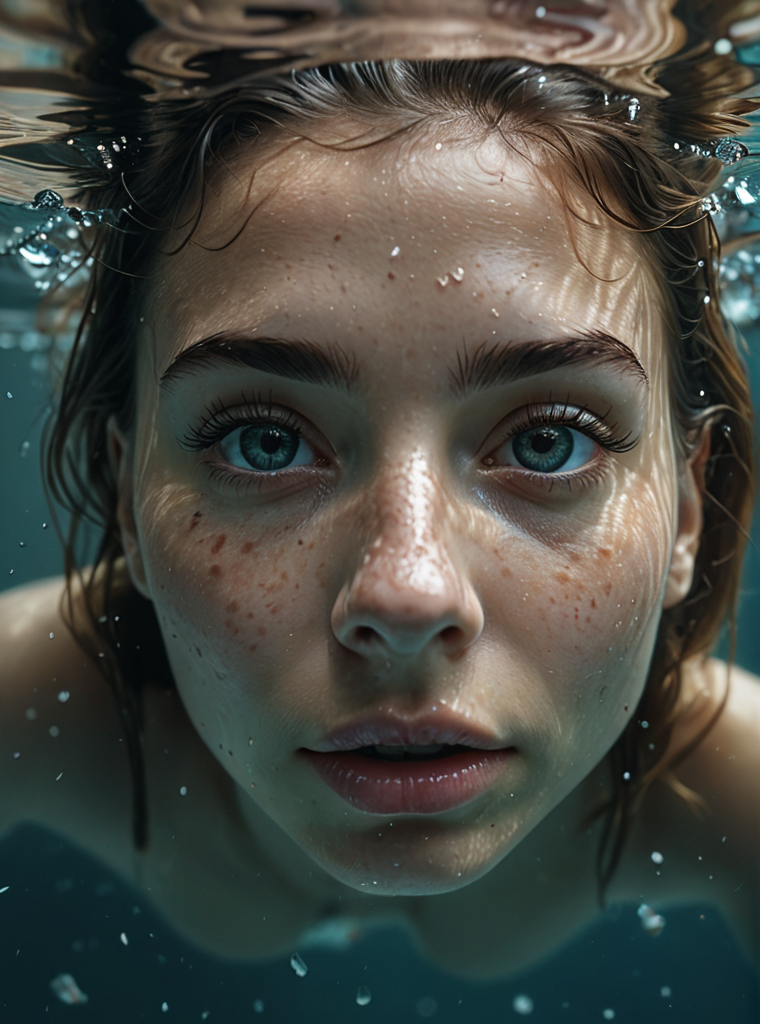 model lying on her back, close-up of nose and lips from the front, hyper-detailed eyes, emerging from the water, (image half underwater and half above water), low angle, dark tones, photo quality, 4K