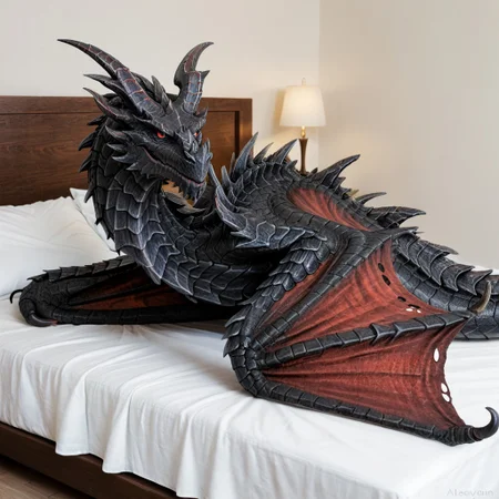 score_9, score_8_up, score_7_up, score_6_up, masterpiece, high quality, realistic, detailed, best quality, solo, rating_safe, source_furry, bedroom, smiling, seductive, looking at viewer, on bed, negative_hand, full body, alduin_skyrim, dragon, black scales, wings, horns, tail, male, 1boy, red sclera, red eyes, wyvern, (no hands, no claws, full body), feral
