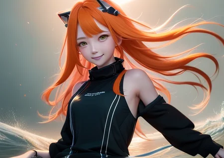 highres, masterpiece, best quality, 1girl, simple background, game cg, ultra detailed, cinematic lighting, high contrast, sharpen, arknights, orange hair, pixivFANBOX, skinny, floating hair, tall, detailed clothes, smile, water eyes