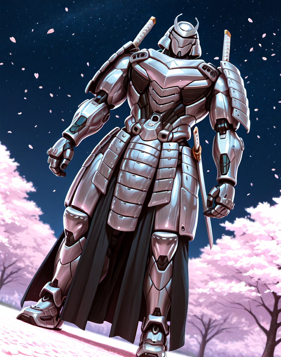 <lora:Silver_Samurai_(Marvel_Comics)_(Illustrious)_(AD):1> Silver Samurai, robot, armor, 
((
exterior, traditional Japanese noble's estate home, cherry blossoms, night sky, 
dutch angle, dynamic action, male focus, solo, fully armored, villain, hyper glossy body, powerful, superiority,  
)),
BREAK: very awe, aesthetically pleasing, masterpiece, best quality, amazing quality, very aesthetic, depth of field, absurd details, depth of field, atmospheric rendering, natural shading, soft shading, 
BREAK: lazympos, lazypos (3),