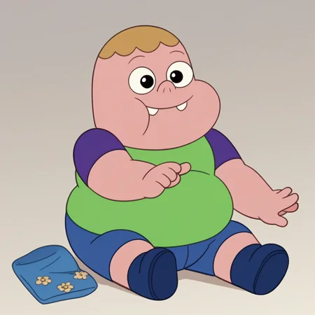 score_9, score_8_up, score_7_up, best quality, source_toon, Clarence, 1boy, male focus, no front teeth, tooth gap, closed mouth, chubby cheeks, human, plump, fat, young, wide hips, green shirt, purple sleeves, blue shorts, blue shoes, happy, smiling, sitting