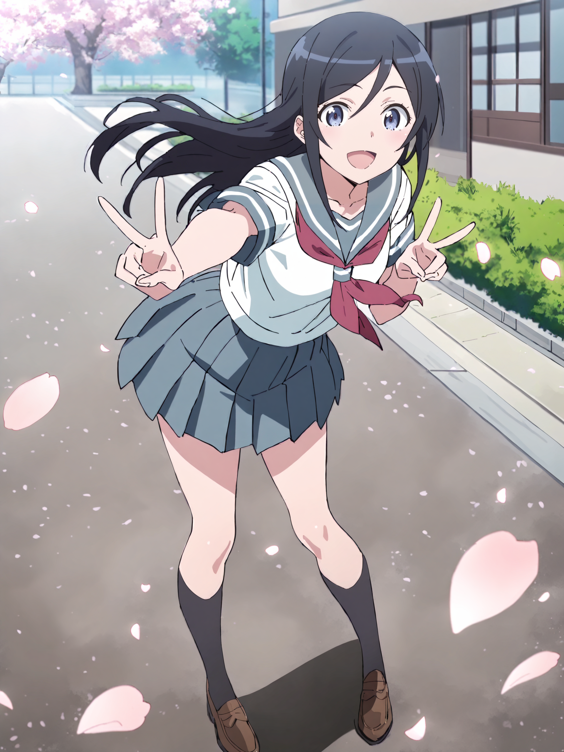 masterpiece, high score, great score, absurdres, anime screenshot, anime coloring,  <lora:Char-Aragaki_Ayase-V1-SDXL:1:hr=0.7>, 1girl, aragaki ayase, solo, serafuku, blue pleated skirt, red neckerchief, loafers, black socks, double v, looking at viewer, smile, open mouth, standing, full body, outdoors, street, cherry blossoms, petals, depth of field