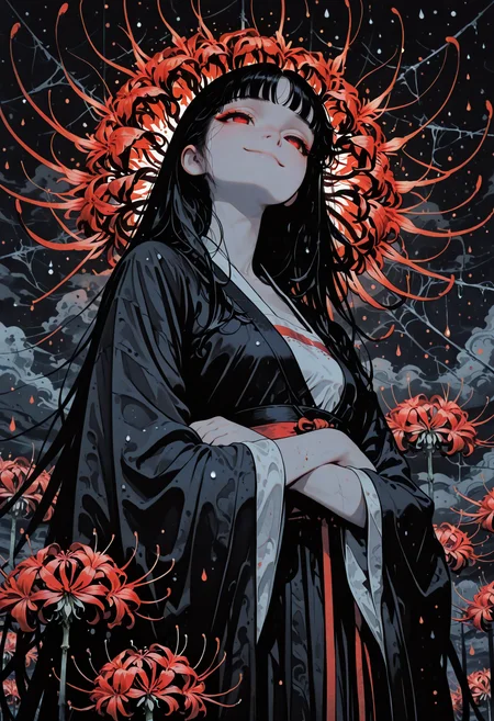 1girl, cute, girl focus, close-up face, hanfu, long hair, solo, dull colors, gloomy, black robes, spider lily, webs, red eyes, arms crossed, shy smile, bloody rain, red rain drops, half body, perfect face, simple background, standing, low angle,black hair, long sleeves, Chinese style, long hair, flowing fabric, watercolor background, hanfu, (emphasis on black and red), 
sinozick style, flat color, dark theme, in the style of cksc, illustration, masterpiece, (extremely detailed CG 8k), (very fine 8K CG), (ultra detailed perfect piece:1.2), lat color, no lineart,,(no lineart, flat art style:1.0), NO_LINE_ART, comical, simple,
 <lora:Sinozick_Style_XL_Pony:0.35> <lora:NOOB_vp1_detailer_by_volnovik_v1:1> <lora:ponyv6_noobV1_2_adamW:0.9> <lora:ck-shadow-circuit-IL:1>