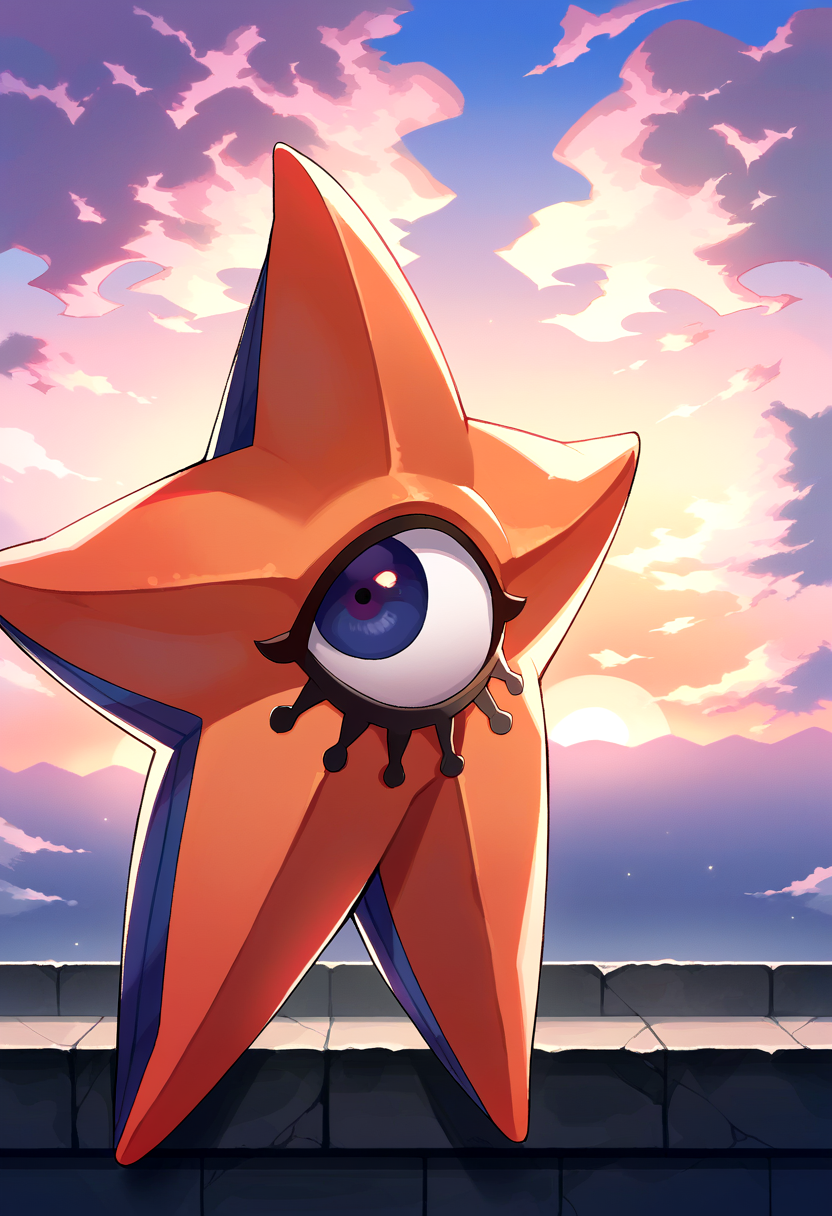 score_9, score_8_up, score_7_up, source_anime, BREAK, solo, looking at viewer,  <lora:Decarabia-pdxl_Fp:1>, decarabia, pokemon \(creature\), no humans, one-eyed, orange skin, <lora:FE3H-S-Rank-pdxl_Fp:1>, sky, cloud, sunset,