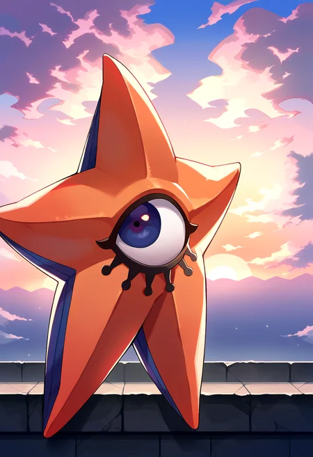 score_9, score_8_up, score_7_up, source_anime, BREAK, solo, looking at viewer, <lora:Decarabia-pdxl_Fp:1>, decarabia, pokemon \(creature\), no humans, one-eyed, orange skin, <lora:FE3H-S-Rank-pdxl_Fp:1>, sky, cloud, sunset,