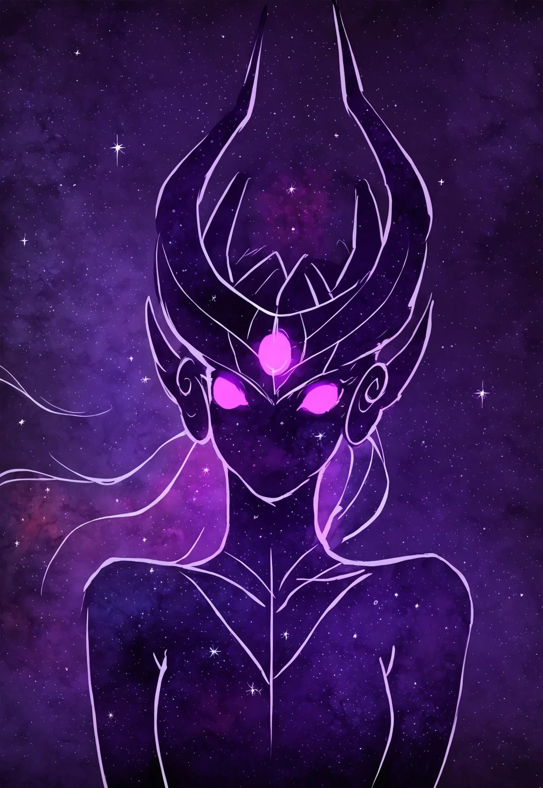 zPDXL2, score_9, score_8_up, score_7_up, score_6_up, score_5_up, score_4_up, Score_9, score_8_up, score_7_up, score_6_up, , , black silhouette, galaxy, glowing purple eyes, no mouth, syndra