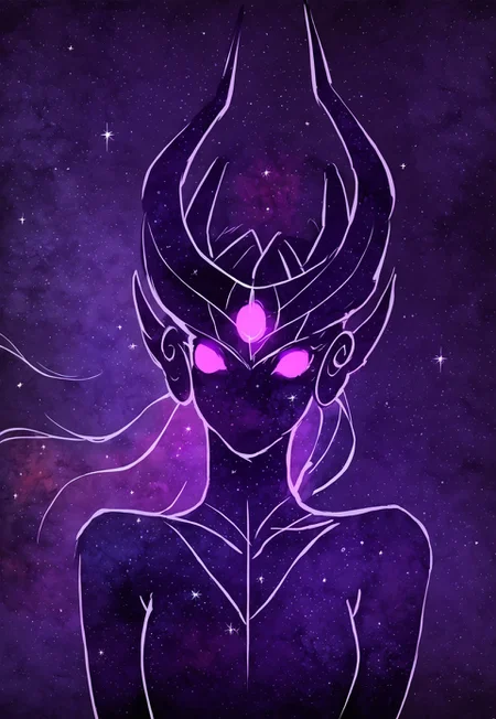 zPDXL2, score_9, score_8_up, score_7_up, score_6_up, score_5_up, score_4_up, Score_9, score_8_up, score_7_up, score_6_up, , , black silhouette, galaxy, glowing purple eyes, no mouth, syndra