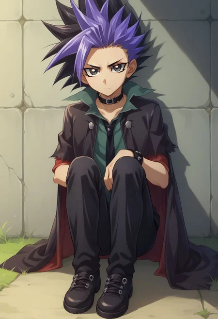 score_9, score_8_up, score_7_up, source_anime, highly detailed,
yuto, 1boy, male focus, solo, black hair, spiked hair, multicolored hair, shirt, looking at viewer, black eyes, purple hair, collar, dyed bangs,
black hair, two-tone hair, choker, bangs, coat, thorn clothes, shoes, black shoes,
outdoor, sit, expressionless,