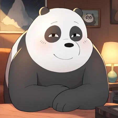 score_9, score_8_up, score_7_up, panpan, anthro, furry male, solo, panda bear, black fur, white fur, two-tone fur, black nose, dot eyes, paw pads, small smile, innocent look, looking at viewer, indoors, living room
