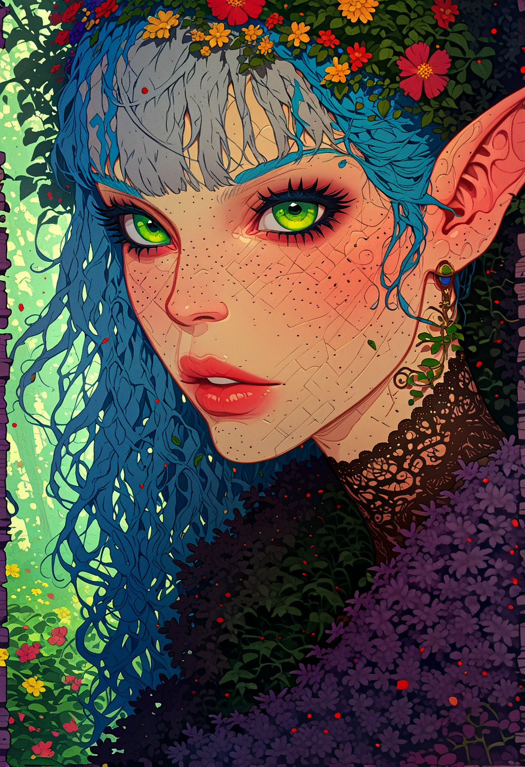 score_9, score_8_up, score_7_up, score_6_up, score_5_up, score_4_up, mysterious woman, fantasy elf, unearthly beauty, light blond hair, long flowing hair, graceful facial features, bright green eyes, light blush, calm expression,  looking at the viewer, close up photo, portrait,   translucent black linen, intricate lace, intricate floral patterns, transparent material, dark cloak, decorative horns, fall foliage, leaf and flower decorations,  fantasy theme, twilight lighting, soft diffused light, misty atmosphere, muted colors, forest background, magical atmosphere, highly detailed illustration, 
