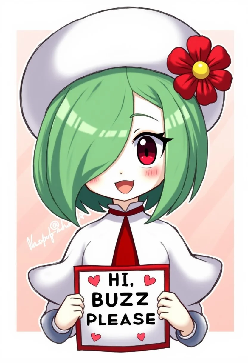 1girl, gardevoir, green_hair, green_skin, hair_over_one_eye
high definition, extremely detailed, masterpiece,
score_9, score_8_up, score_7_up,
blush, bob_cut, bonnet, clothed_pokemon, commentary_request, flat_chest, gardevoir_\(fashionable\), green_hair, green_skin, hair_over_one_eye, happy, hat_flower, heart, highres, looking_at_viewer, one_eye_covered, open_mouth, partial_commentary, red_eyes, red_flower, red_trim, short_hair, smile, solo, two-tone_skin, white_capelet, white_hat, white_skin, BREAK holding a sign that says, "Hi, BUZZ please"