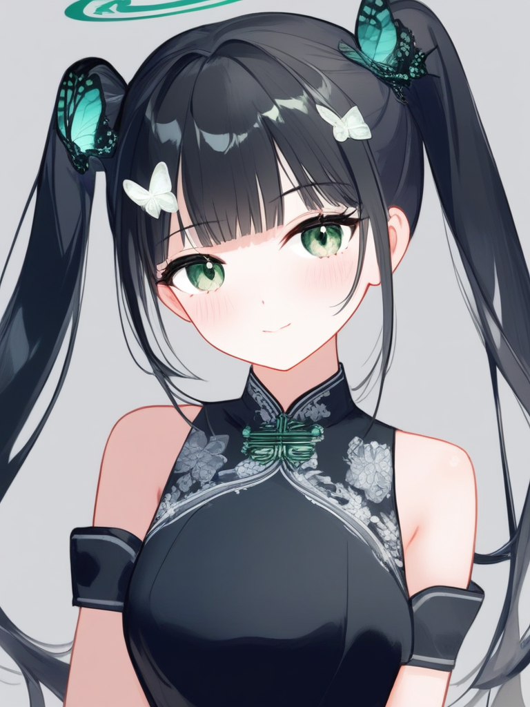,<lora:dan_1w:1>,solo, 1girl, white background, simple background, grey background, upper body, looking at viewer, blush, closed mouth, green eyes, long hair, black hair, butterfly hair ornament, twintails, bangs, double bun, side bun, china dress, black gloves, black dress, sleeveless dress, halo, bare shoulders, own hands together