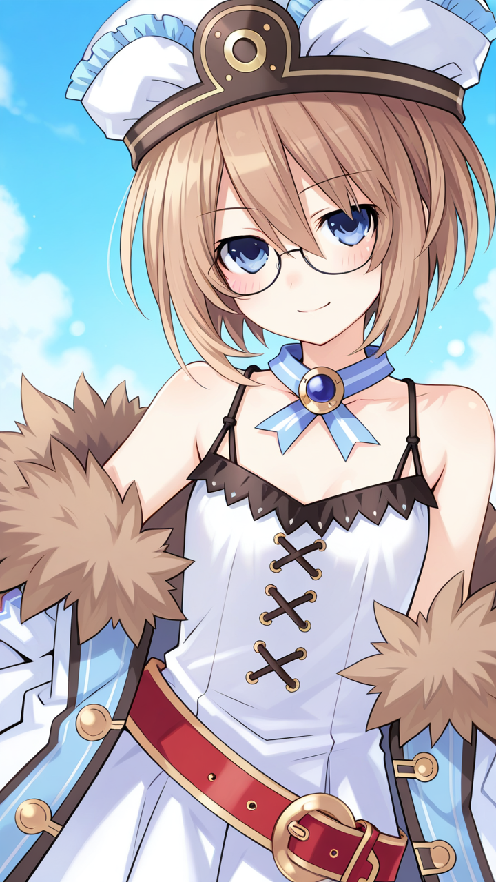 solo, smile, glasses, masterpiece, best quality, amazing quality, very aesthetic, absurdres, newest, anime screencap, <lora:blancILM:1>, blanc (neptunia), blue eyes, blush, flat chest, brown hair, short hair, tsunako, bare shoulders, belt, fur trim, fur-trimmed coat, brooch, cross-laced clothes, frills, frilled hat, open clothes, open jacket, jacket, jewelry, loose belt, neck ribbon, off shoulder, coat, white dress,