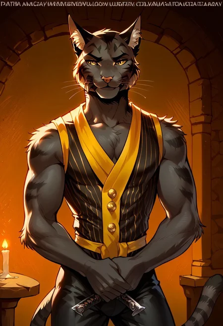 score_9, score_8_up, score_7_up,
BREAK
fit muscular handsome taciturn apathetic male (((furry khajiit))), feline, 30 year old male with cat nose, cat whiskers and a tail, evil, matching yellow feline eyes, prominent eyebrows, (((black short fur tabby, cat nose, whiskers, black cat ears, black cat tail))), frank frazetta style, rich, bare arms, toned body, apathetic, wearing a luxurious yellow medieval sleeveless vest showing off chest, 4K, high quality, detailed, holding a short sword, villain