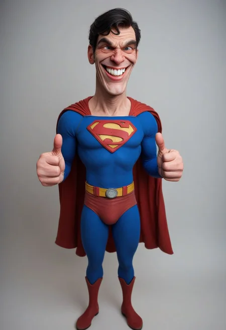 uglylora, 1 ugly laughing ,Superman, solo, male, muscular, thumbs up, portrait, ugly, camera medium shot angle