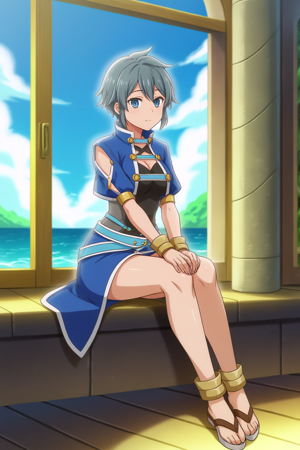 score_9,  Ardee Varma, anime style,  Sitting on a windowsill with legs dangling, Tropical Island <lora:Danmachi-Ardee_Varma-PDXL:0.8>