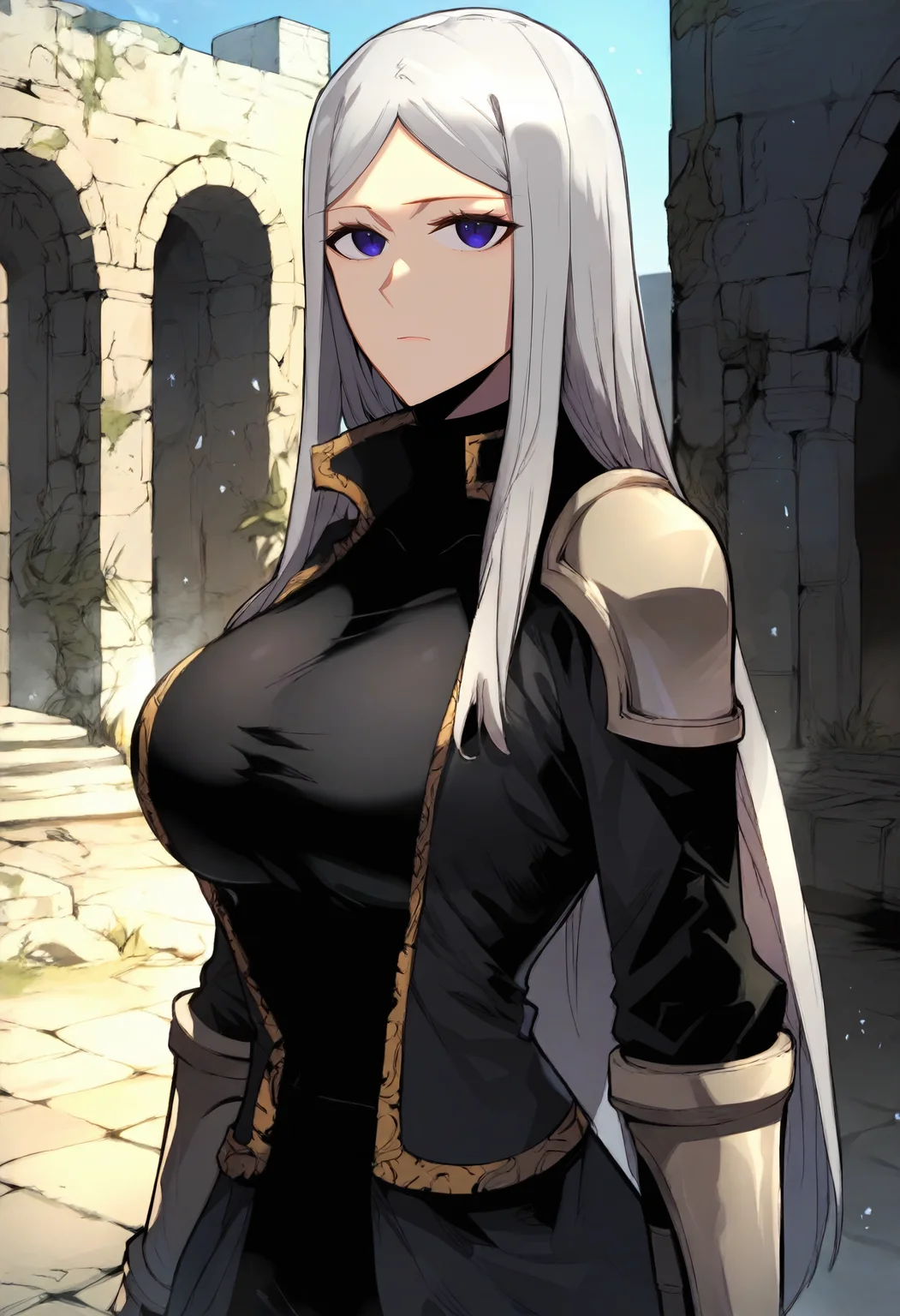 score_9, score_8_up, score_7_up, score_6_up, source_anime, rating_explicit, 1girl, solo, huge breasts,<lora:Luna Runcandel prefectPonyxl:0.85> long hair, white hair, purple eyes, grey hair, parted bangs, high collar, black coat, shoulder armor, black shirt, turtleneck shirt, long sleeves, gauntlets, black gloves, pauldrons, black pants, expressionless, dungeon, ruins, outdoors, looking at viewer