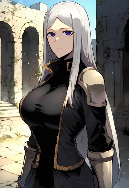 score_9, score_8_up, score_7_up, score_6_up, source_anime, rating_explicit, 1girl, solo, huge breasts,<lora:Luna Runcandel prefectPonyxl:0.85> long hair, white hair, purple eyes, grey hair, parted bangs, high collar, black coat, shoulder armor, black shirt, turtleneck shirt, long sleeves, gauntlets, black gloves, pauldrons, black pants, expressionless, dungeon, ruins, outdoors, looking at viewer