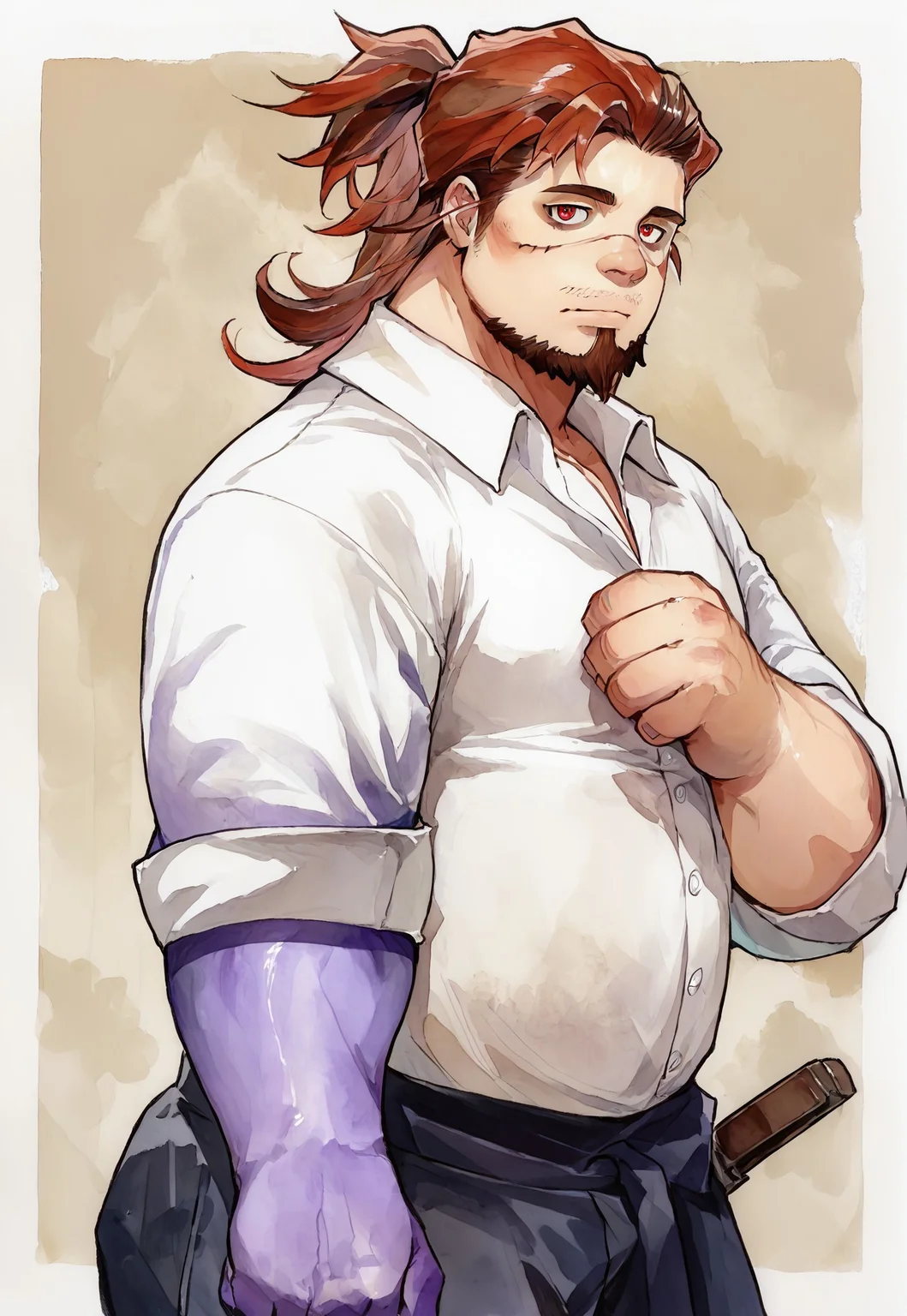 safe_pos, safe_pos, score_9, score_8_up,score_7_up, score_6_up, high quality, high detail, best quality, watercolor \(medium\), traditional media, male, gay, ZombieHK, BoogeymanTAS, bara, musclegut, brown hair, multicolored hair, two-tone hair, long hair, ponytail, ponytail hair, undercut, thin mustache, facial hair, goatee, red eyes, tired eyes, eyebags, face scar, scar across nose, purple right arm, magical right arm, side view, from side, close-up, closeup, thick thighs, bending over, ((pants, clothes, short sleeves, rolled up sleeves, rolled-up sleeves)), clothed, standing, feet out of frame, simple background, ((looking at viewer))