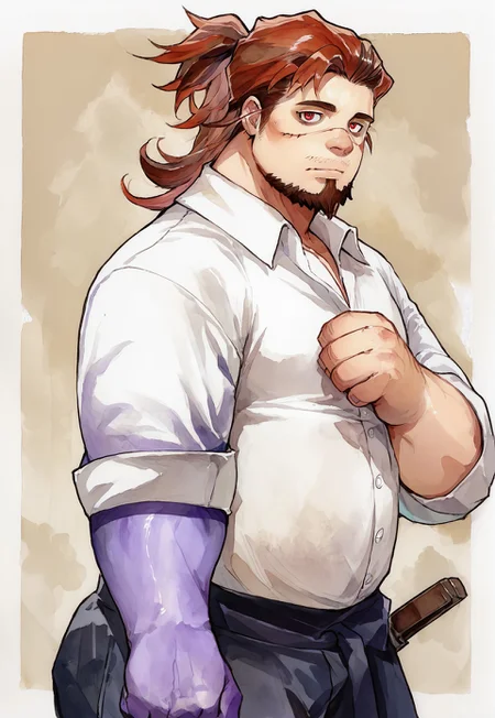 safe_pos, safe_pos, score_9, score_8_up,score_7_up, score_6_up, high quality, high detail, best quality, watercolor \(medium\), traditional media, male, gay, ZombieHK, BoogeymanTAS, bara, musclegut, brown hair, multicolored hair, two-tone hair, long hair, ponytail, ponytail hair, undercut, thin mustache, facial hair, goatee, red eyes, tired eyes, eyebags, face scar, scar across nose, purple right arm, magical right arm, side view, from side, close-up, closeup, thick thighs, bending over, ((pants, clothes, short sleeves, rolled up sleeves, rolled-up sleeves)), clothed, standing, feet out of frame, simple background, ((looking at viewer))