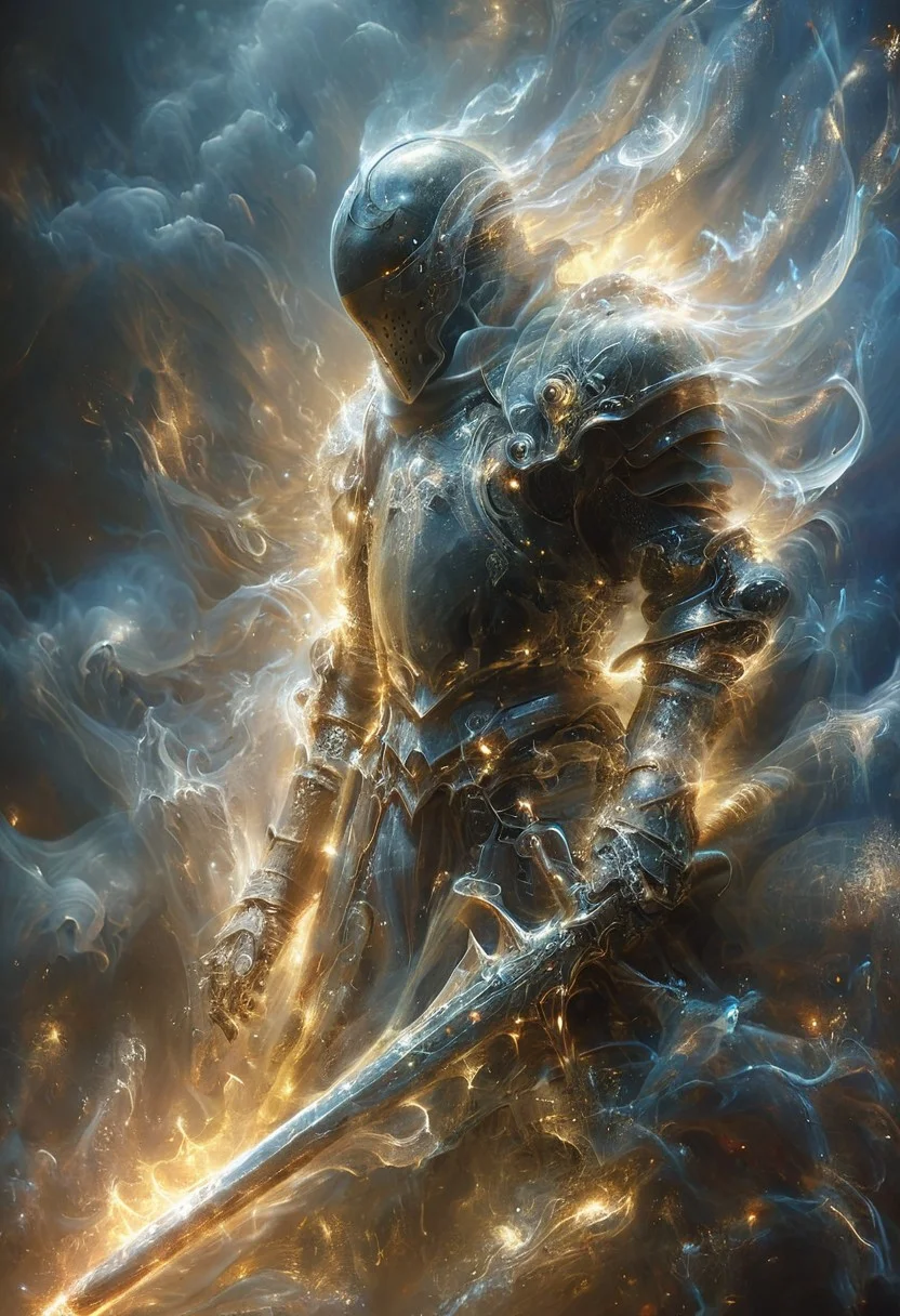 in the style of thunder and lightning, on a dark bokeh background, ((energy wings like tentacles of a octopus))
A stunning, highly detailed dark fantasy full body illustration of a proud scifi soldier wearing intricate first world war style armor and an epic ornamented gasmask, holding a great  glowing scifi sword, golden and blue glooming eyes, very wide shoulders, wearing big gauntlets, epic composition. The scifi soldier stands heroic with big gun and with a flowing cloak and hood during a storm with foggy gloom, thunderclouds in the background . with insanely intricate details and textures, gloomy dramatic lighting, red flames, smoke