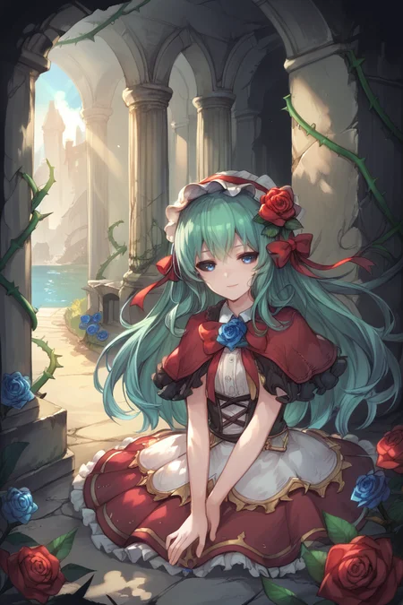 score_9, score_8_up, score_7_up, source anime, BREAK,  (portrait, face), close-up, looking at viewer, scenery, (solo), <lora:Granblue_Fantasy_Style_XLv4:0.8>, scenery, ruins, sunlight, outdoors, exterior, <lora:Tora:0.70> , tordef, 1girl, solo, long hair, green hair, (colored sclera, black sclera), blue eyes, flower, hair flower, blue rose, blue flower, red bow, hair ornament, red ribbon, hair bow, hair ribbon, capelet, frilled capelet, red bowtie, frilled hairband, collared dress,thorns, rose,