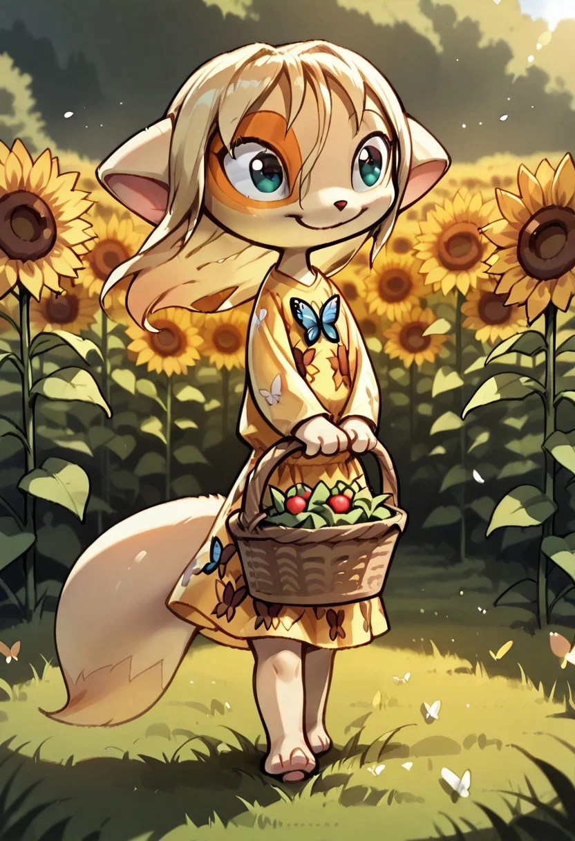 Dreamkeepers,1girl,Paige,solo,furry,tail,source_furry,blonde hair,
child, kid,
in a sunflower dress holding a basket of fresh berries, standing in a sunlit meadow with butterflies fluttering around her, sunflower_dress, basket, berries, meadow, butterflies, smile, happy, cute, long_hair, outdoor, nature, sunny, pastel_colors, peaceful