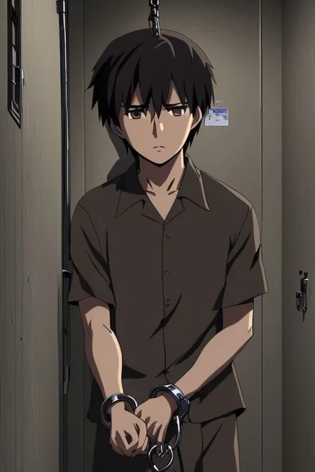 high resolution, solo, best quality, 1Boy, Takaki Toono, Brownish Hair, Brown Eyes, arrested, restrained, struggling, handcuffs, interrogated, interrogation room, OverallDetail