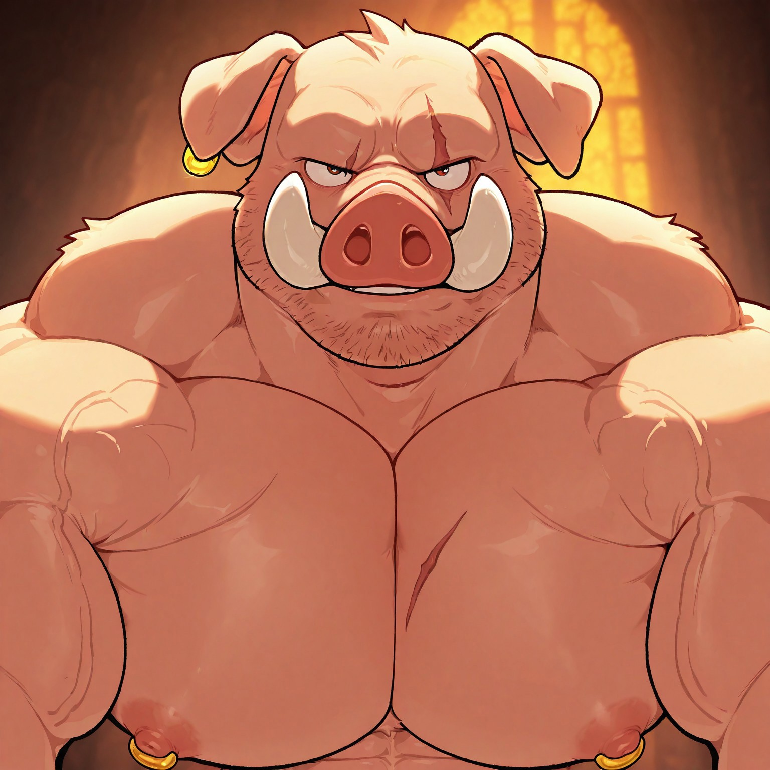 masterpiece, best quality, absurdres, newest, perfect quality, best quality, absolutely eye-catching, detailed background, intricate details, bara, 1boy, 1boy, male, male focus, solo, pig furry, pig anthro, scars, tusks, golden piercings, nipple piercings, stubble, bara, muscular, large pectorals, large biceps, looking at viewer, face close-up, portrait, upper body, looking at viewer, very awa, best quality, absurdres, newest, perfect quality, detailed background, intricate details, (artist:rokudenashi:0.8), (artist:dizdoodz:0.7), (artist:gomtang:0.6)