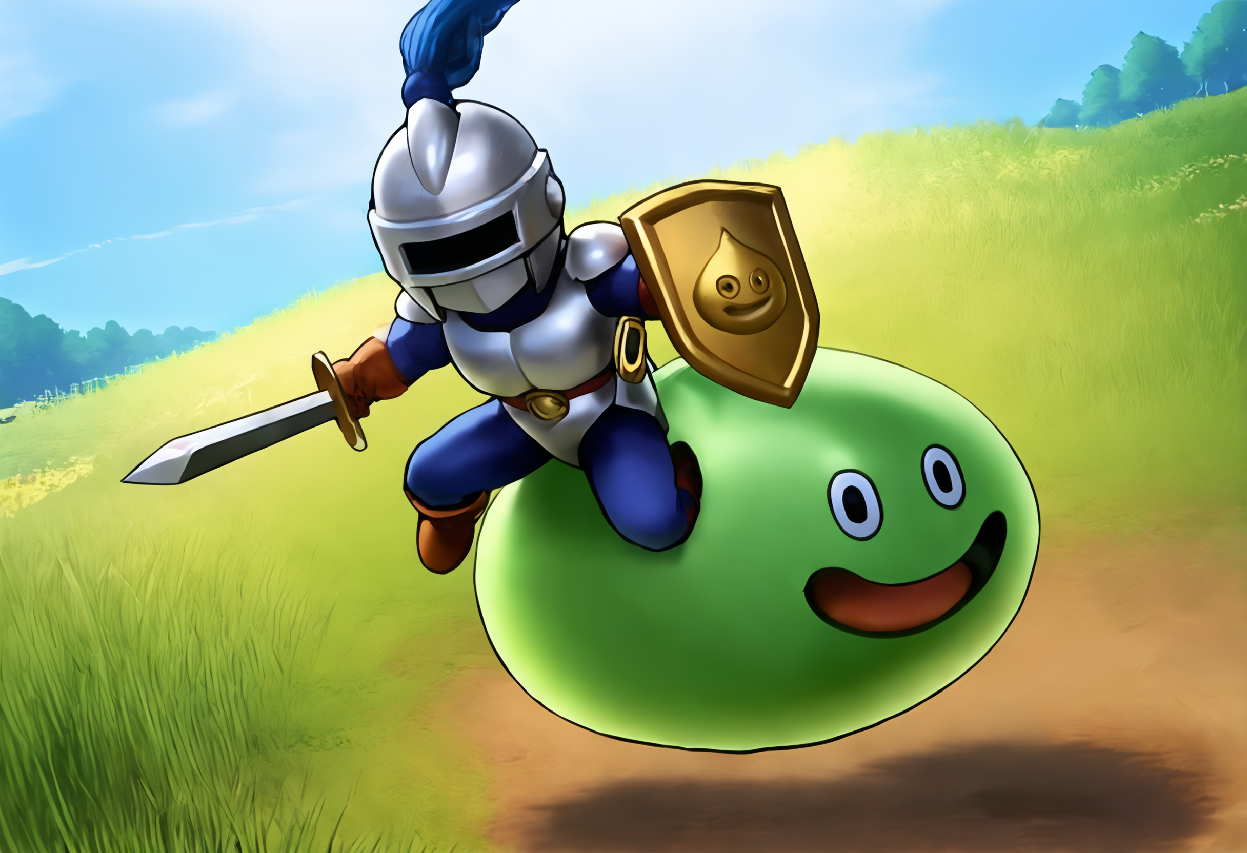 score_9,score_8_up,score_7_up,best quality,masterpiece,super detailed,extreme detailed,full_body,zPDXL BREAK nature,field,
<lora:Pony_DetailV2.0:1>,slime knight,slime_(dragon_quest),armor,holding shield,holding sword,helmet,knight,<lora:slime knight-v2:0.9>,fighting stance,(jumping_forward:1.1),riding,