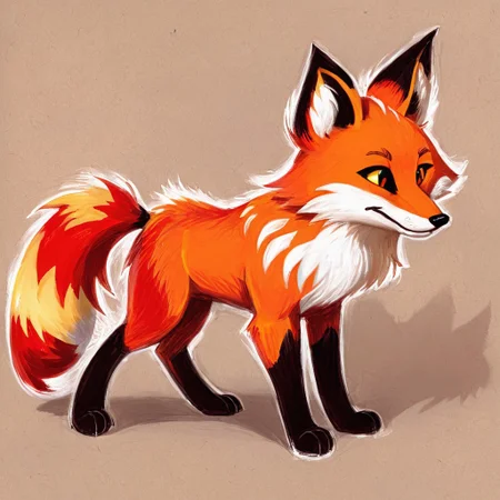 drawix5 drawing <lora:drawix5:1> firey fox that is a bright red-orange bearing resemblance to a red fox. Its ears are long with the insides being tan and the ends of the ears are tipped in black. It has eyebrows that are a lighter shade of yellow. On each side of face, messy tufts of fur are visible. inside of its ears are tan. It has a large bushy tail that like its ears, is tipped with a black pattern. A prominent feature is being engulfed with flames that cover over its legs and the tip of its tail. The eyes come a crimson red color.