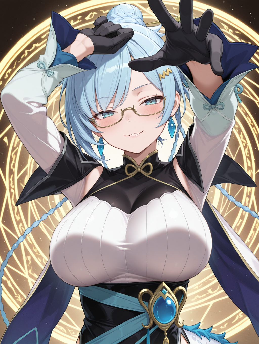 dragon tale fymena, 1girl, solo, large breasts, looking at viewer, upper body, parted lips, blush, arm up, black china dress, black capelet, yellow hairclip, dragon girl, single blue earring, single hair bun, gold under-rim eyewear, cyan detached sleeves, black gloves, multicolored cape, outstretched hand, blue hairpin,smug, magic circle
masterpiece,best quality,amazing quality,very aesthetic,absurdres,newest,<lora:Dragon Tale Fymena illuXL v1.31:0.76>,