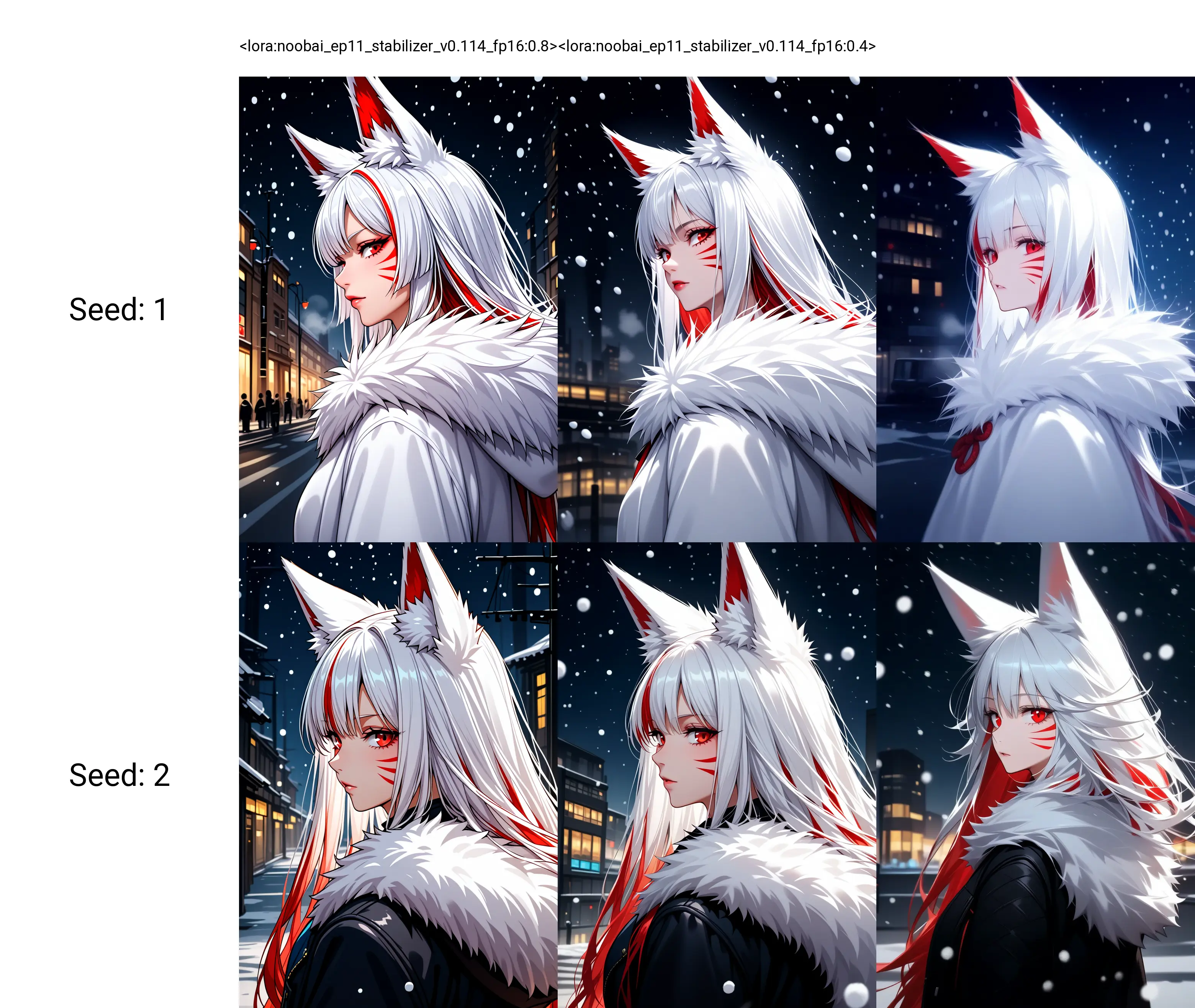<lora:noobai_ep11_stabilizer_v0.114_fp16:0.8>1girl,fox ears,red eyes,white hair,red hair,long hair,looking at viewer,multicolored hair,whisker markings,fur trim,upper body,from side,snowing,night street background,masterpiece,