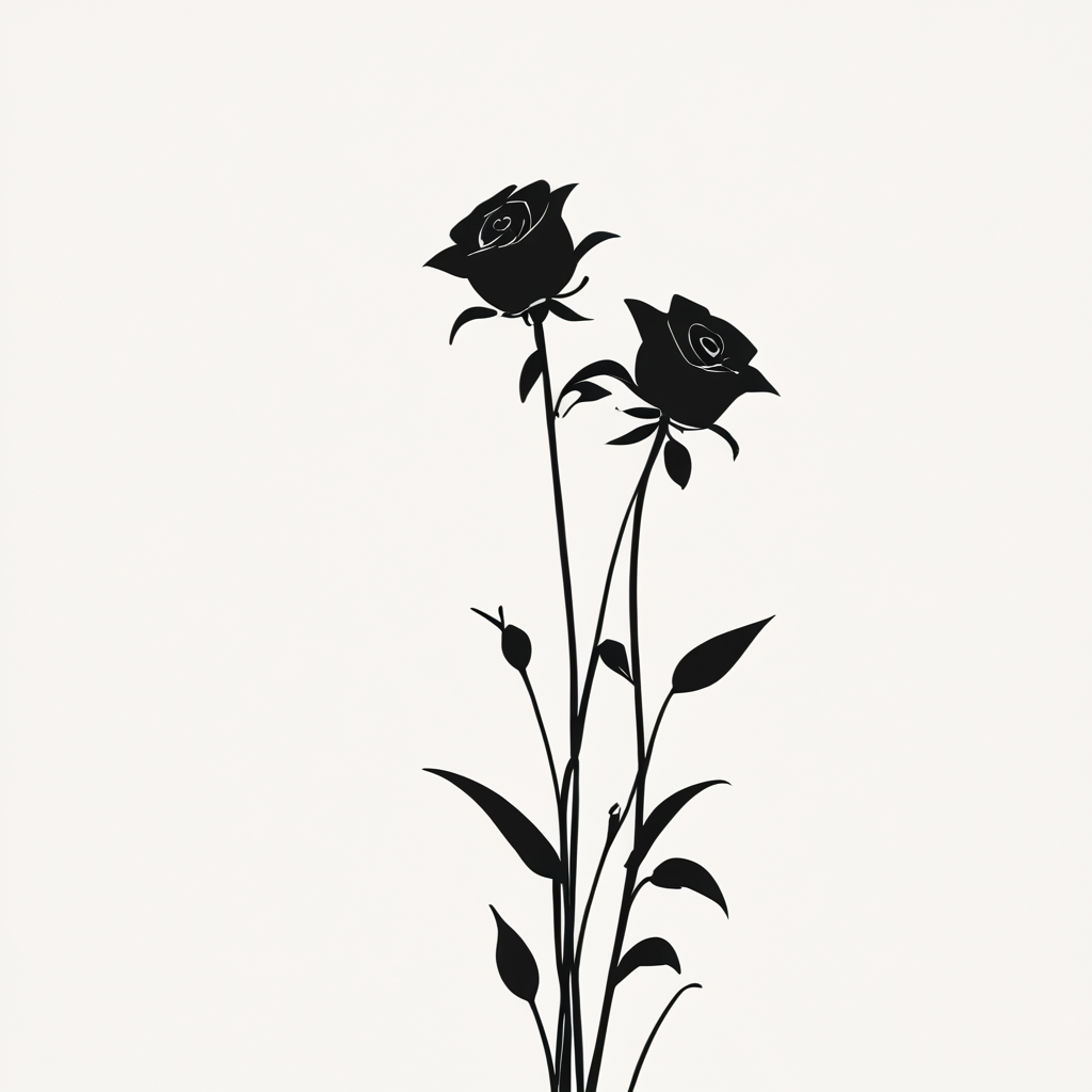 Minimalist Vector Art, ArsMJStyle, A black and white vector illustration of a single rose with a long stem, seen from the side. The petals are slightly open, and the background is pure white, drawing attention to the delicate lines of the flower. The mood is elegant and serene. rose, flower, silhouette, monochrome, greyscale, nature, simple background, white background, side view.  <lora:Minimalist_vector_artSDXL:1>