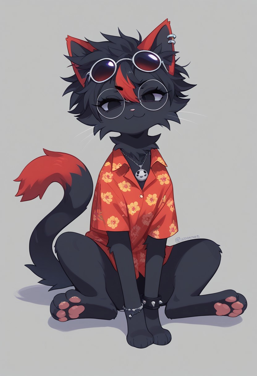 (score_9, score_8_up), score_7_up, score_6_up, best quality, highest quality, (feral), cat, animal, furry, female, goth, solo, full body, official style, (body fur), (black body, black fur, red fur), eyelashes, eyeliner, (black hair, red hair, streaked hair), (messy hair, spiked hair, highlights), cat ears, animal nose, sunglasses, round eyewear, hidden eyes, smirk, red stripes, necklace, hawaiian shirt, bracelet, paws, cat tail, clothed feral, no humans, mikus-zestylemonss