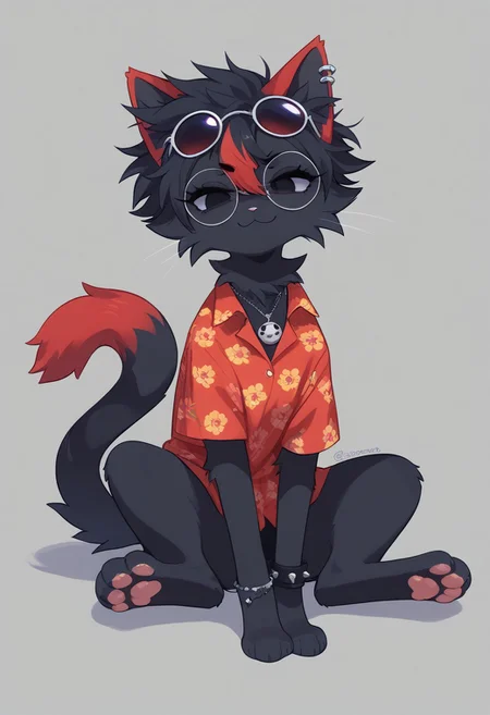(score_9, score_8_up), score_7_up, score_6_up, best quality, highest quality, (feral), cat, animal, furry, female, goth, solo, full body, official style, (body fur), (black body, black fur, red fur), eyelashes, eyeliner, (black hair, red hair, streaked hair), (messy hair, spiked hair, highlights), cat ears, animal nose, sunglasses, round eyewear, hidden eyes, smirk, red stripes, necklace, hawaiian shirt, bracelet, paws, cat tail, clothed feral, no humans, mikus-zestylemonss
