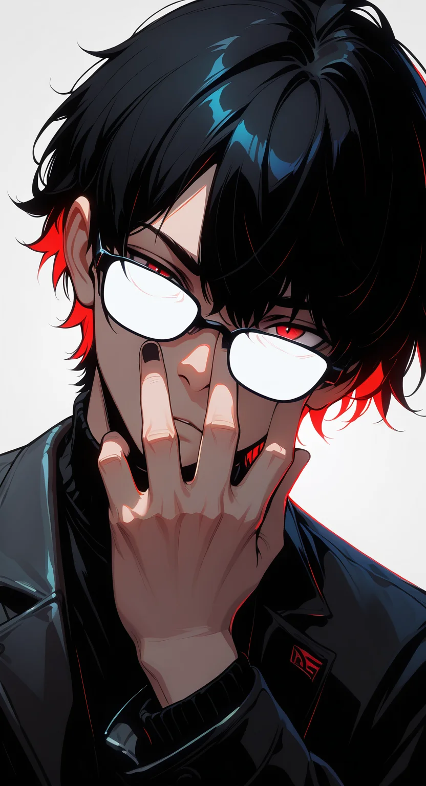 masterpiece, best quality, good quality, very aesthetic, absurdres, newest,1boy, bespectacled, black hair, covering face, demon, glasses, jacket, looking at viewer, male focus, multicolored hair, opaque glasses, partially opaque glasses, red eyes, short hair, solo, sunglasses, <lora:ponyv5_noobE11_1_adamW-000013:0.7> <lora:GLSHS:0.5>