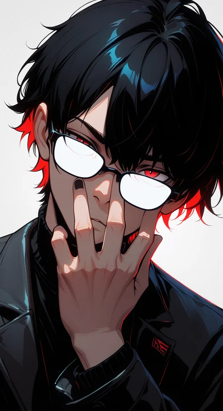masterpiece, best quality, good quality, very aesthetic, absurdres, newest,1boy, bespectacled, black hair, covering face, demon, glasses, jacket, looking at viewer, male focus, multicolored hair, opaque glasses, partially opaque glasses, red eyes, short hair, solo, sunglasses, <lora:ponyv5_noobE11_1_adamW-000013:0.7> <lora:GLSHS:0.5>