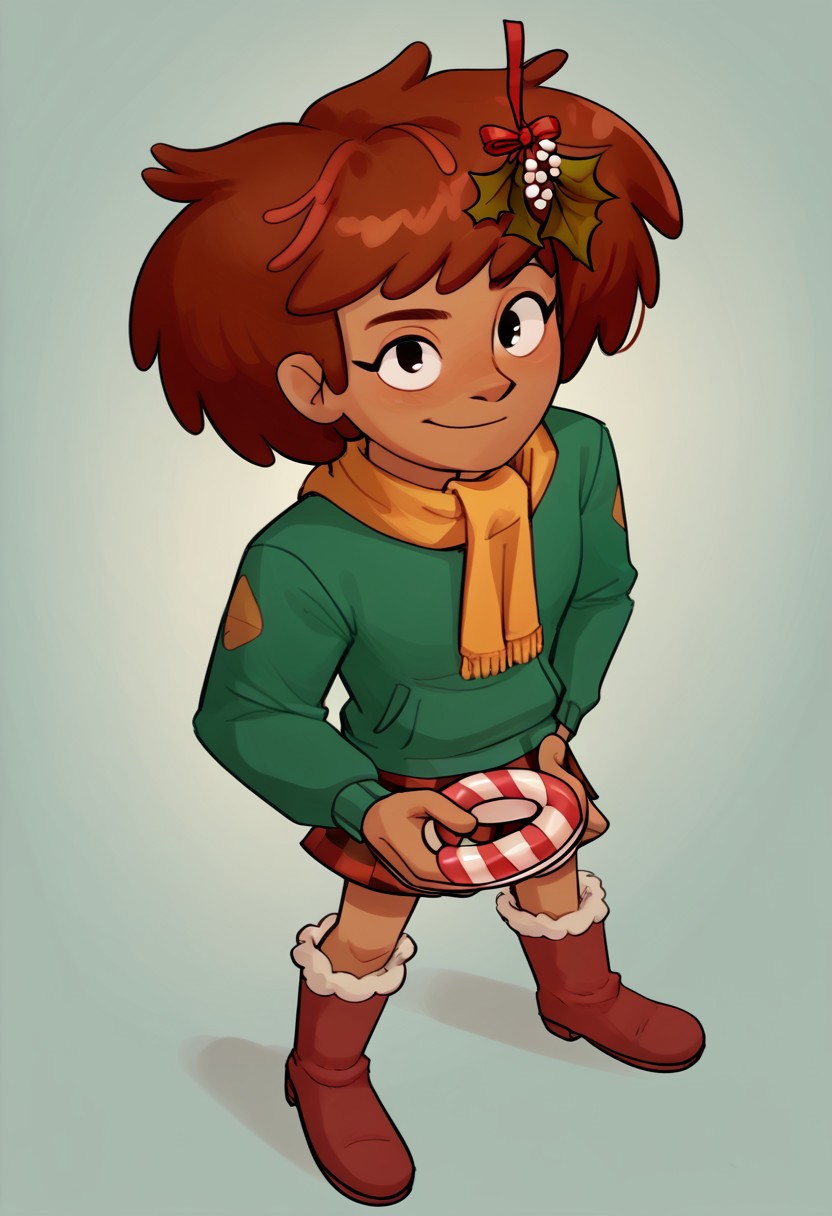 Score_9, Score_8, Score_7, relatedguy, channeboonchuy, , from above, , furry boots, plate skirt, , green jumper, , yellow scarf , christmas , candycane in hair, mistletoe in hair , solo