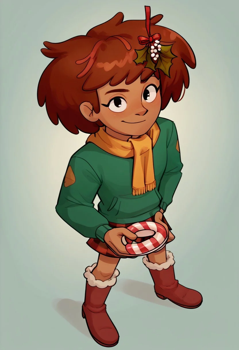 Score_9, Score_8, Score_7, relatedguy, channeboonchuy, , from above, , furry boots, plate skirt, , green jumper, , yellow scarf , christmas , candycane in hair, mistletoe in hair , solo