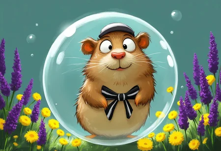 A whimsical illustration of a chubby hamster squished against a giant soap bubble in dark whimsical art style, its face and paws comically distorted and magnified through the curved surface, wearing a tiny sailor hat and striped bow tie, floating among purple wisteria and yellow dandelions, digital painting with iridescent brushstrokes showing warped fur texture and rainbow reflections, dreamy teal background with drifting smaller bubbles, characteristic Tim Burton inspired design with enormous eyes magnified to absurd proportions through the bubble's lens effect, bewildered expression stretched into a funhouse mirror smile.